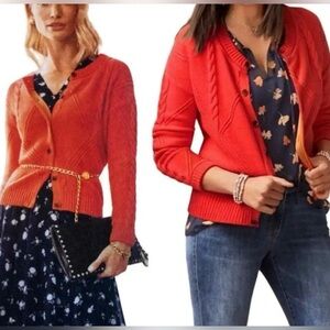 Cabi Orange Cable Knit Button Front Cardigan Sweater w/ Colorful Placket, Large